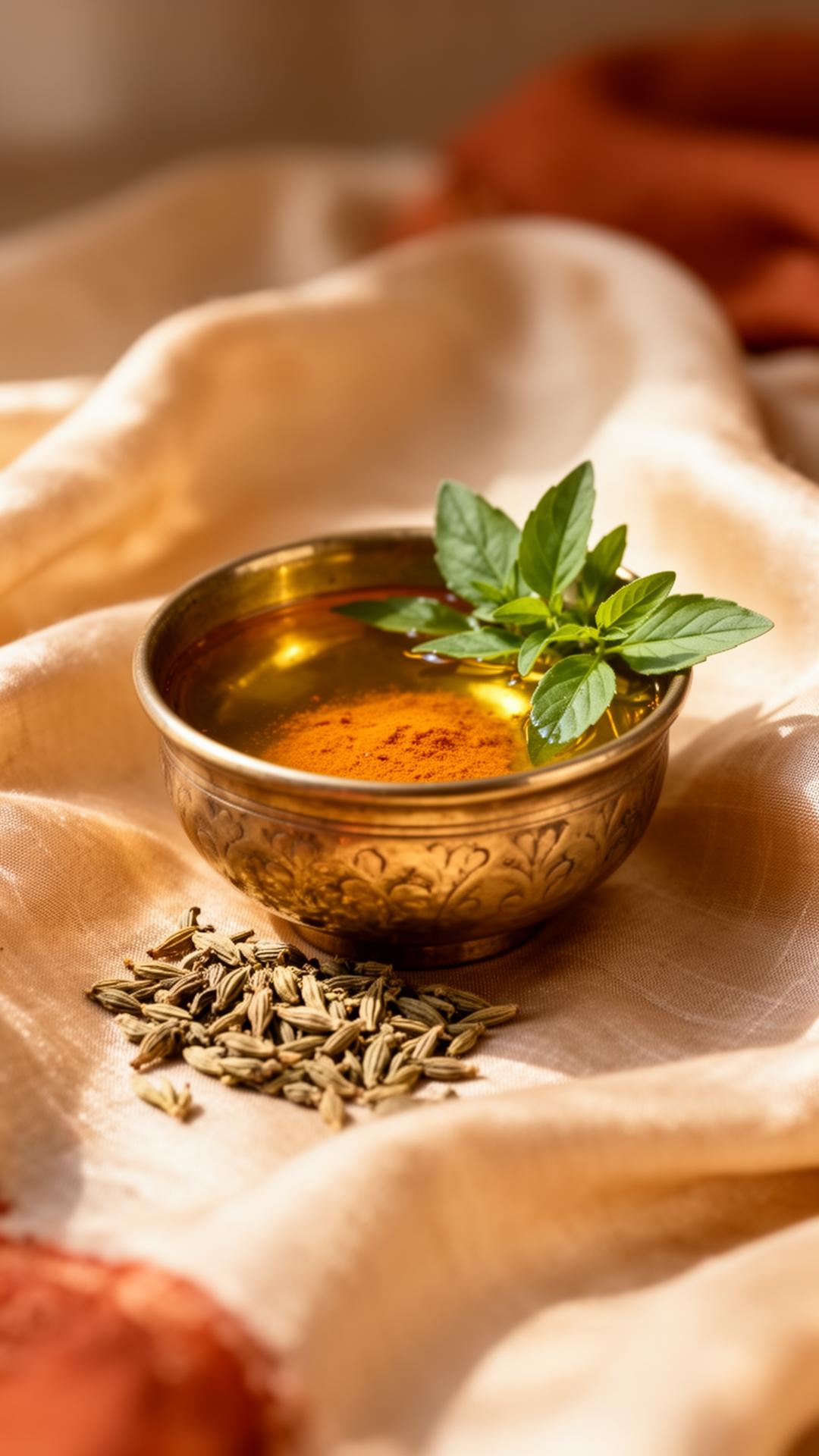 A handcrafted brass kansa bowl of turmeric-infused oil with tulsi leaves and bakuchi seeds, evoking traditional Ayurvedic ritual