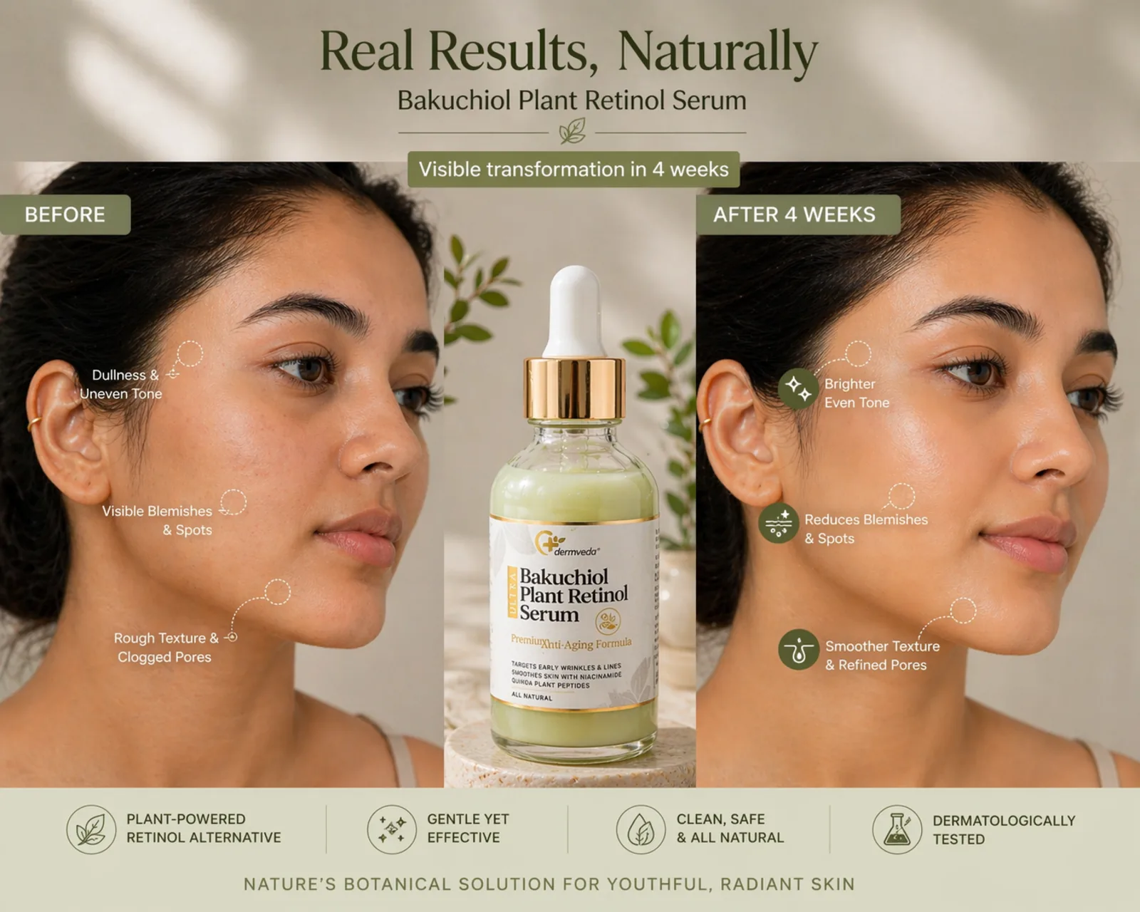 Before and after 4 weeks of use: brighter even tone, reduced blemishes and spots, smoother texture and refined pores
